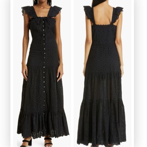 Veronica Beard Black Aislin Eyelet Cotton Maxi Dress Size 0 NWT $648 - Picture 1 of 4